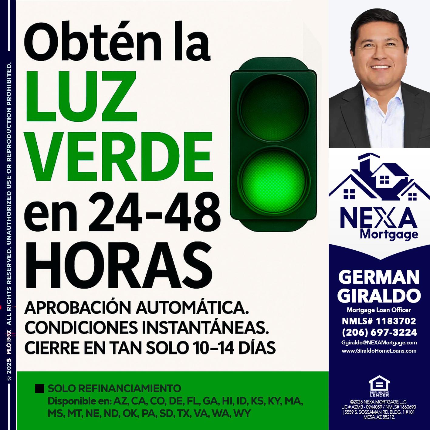 OBTEN LA LUZ VERDE - German Giraldo -Mortgage Loan Officer