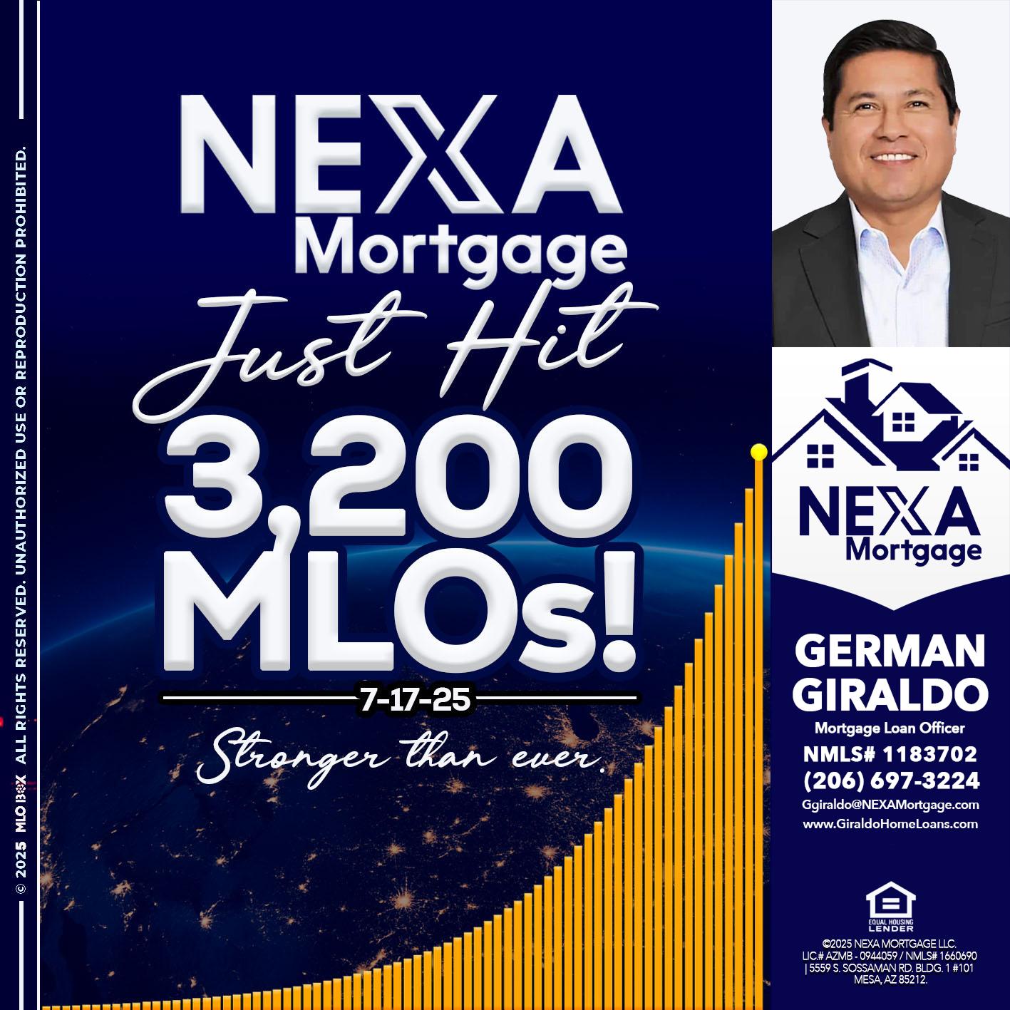 JUST HIT 3,200 MLOs - German Giraldo -Mortgage Loan Officer